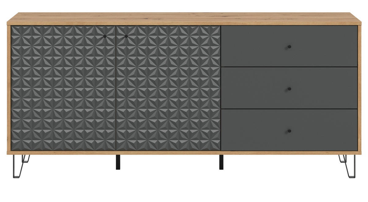 SIDEBOARD grau, Eiche Artisan 169 x 76 cm, Kommode mit 3D-Struktur - Schwarz/Eiche Artisan, Holzwerkstoff/Kunststoff (169/76/40cm) - Inn.Furn