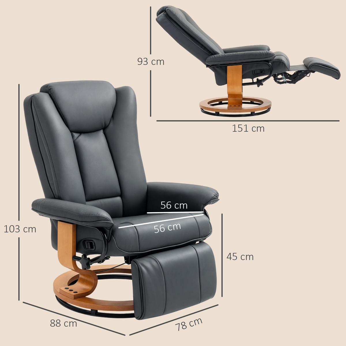 RELAXSESSEL, drehbarer TV-Sessel, Liegefunktion, Fußstütze Lederoptik Dunkelgrau - Dunkelgrau, Leder/Holzwerkstoff (88/103/78cm) - HOMCOM
