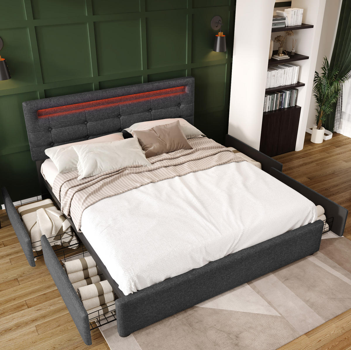 BETT mit LED und 4 Schubladen 140x200 cm Leinen Grau - Grau, Metall (140/200cm) - Meubliv