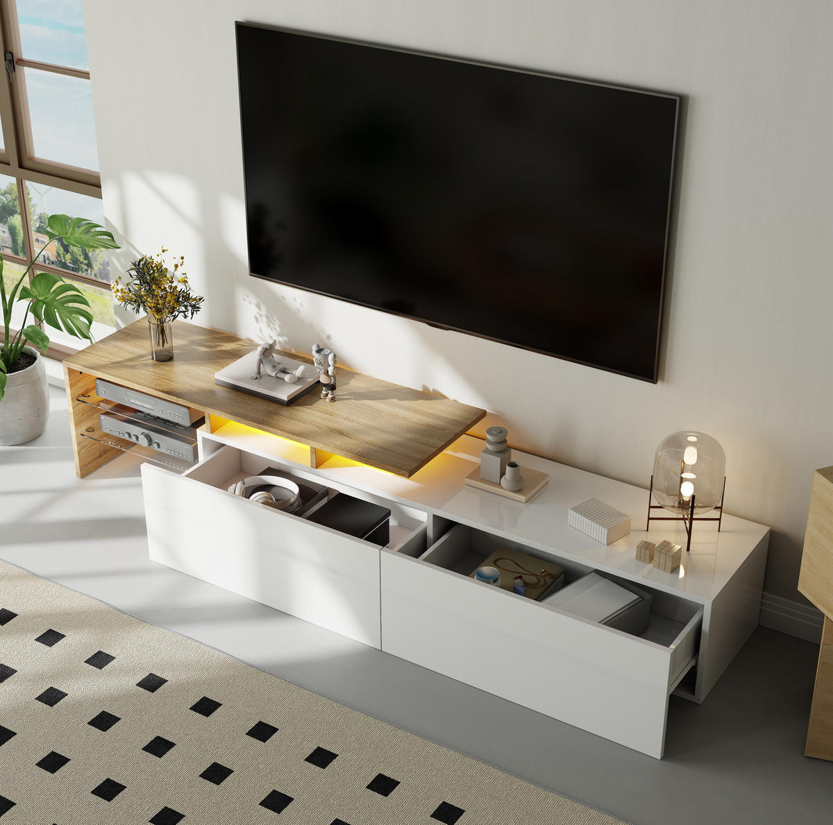 TV-LOWBOARD 170/33/33,5 cm in Weiß/Natur mit LED-Beleuchtung und Glasböden - Weiß, Holzwerkstoff (170/33.5/33cm) - Flora Grace