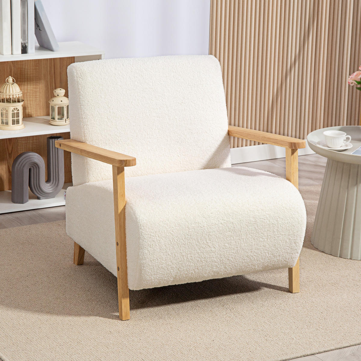 SESSEL mit Rückenlehne, Armlehnen, Gepolstert Loungesessel mit Sherpa-Optik - Weiß, Kunststoff (74.5/78/76cm) - HOMCOM