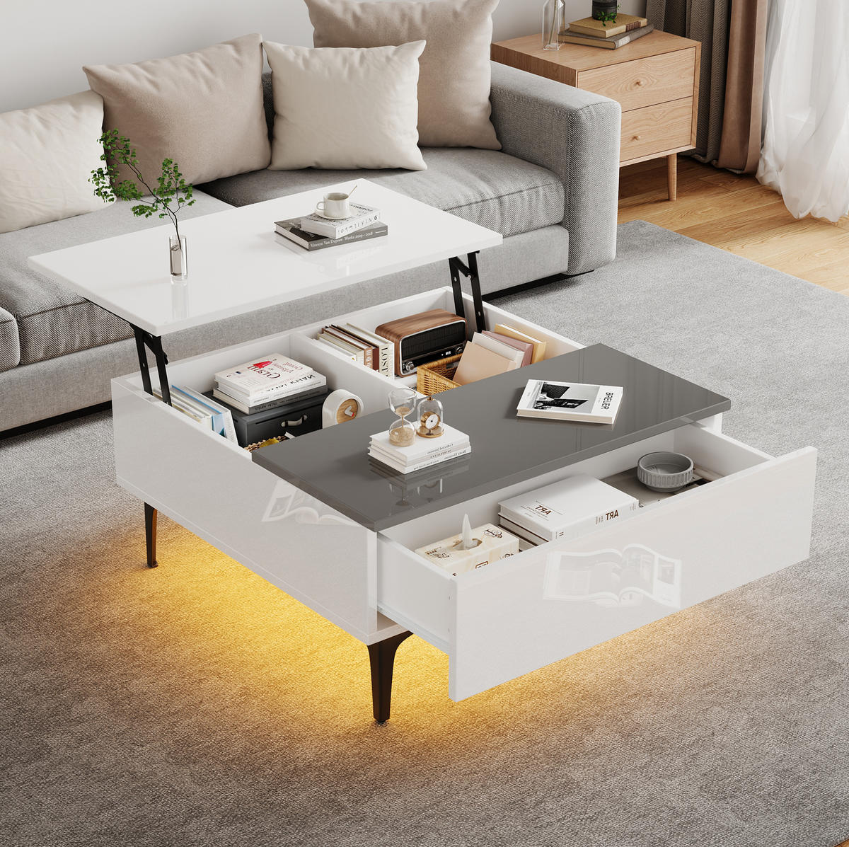 KONFERENČNÍ stolek z MDF, 70/70/35 cm bílý/šedý, výškově nastavitelný s LED a úložným prostorem - bílá, kompozitní dřevo (70/70/35cm) - BEAOK