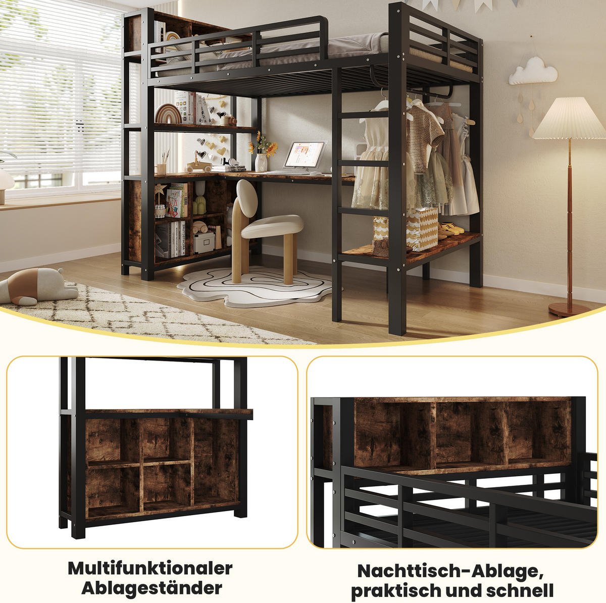 HOCHBETT 90x200 cm in Schwarz mit Schreibtisch, Kleiderstange und Regalen - Schwarz, Holzwerkstoff (90/200cm) - IVMEU