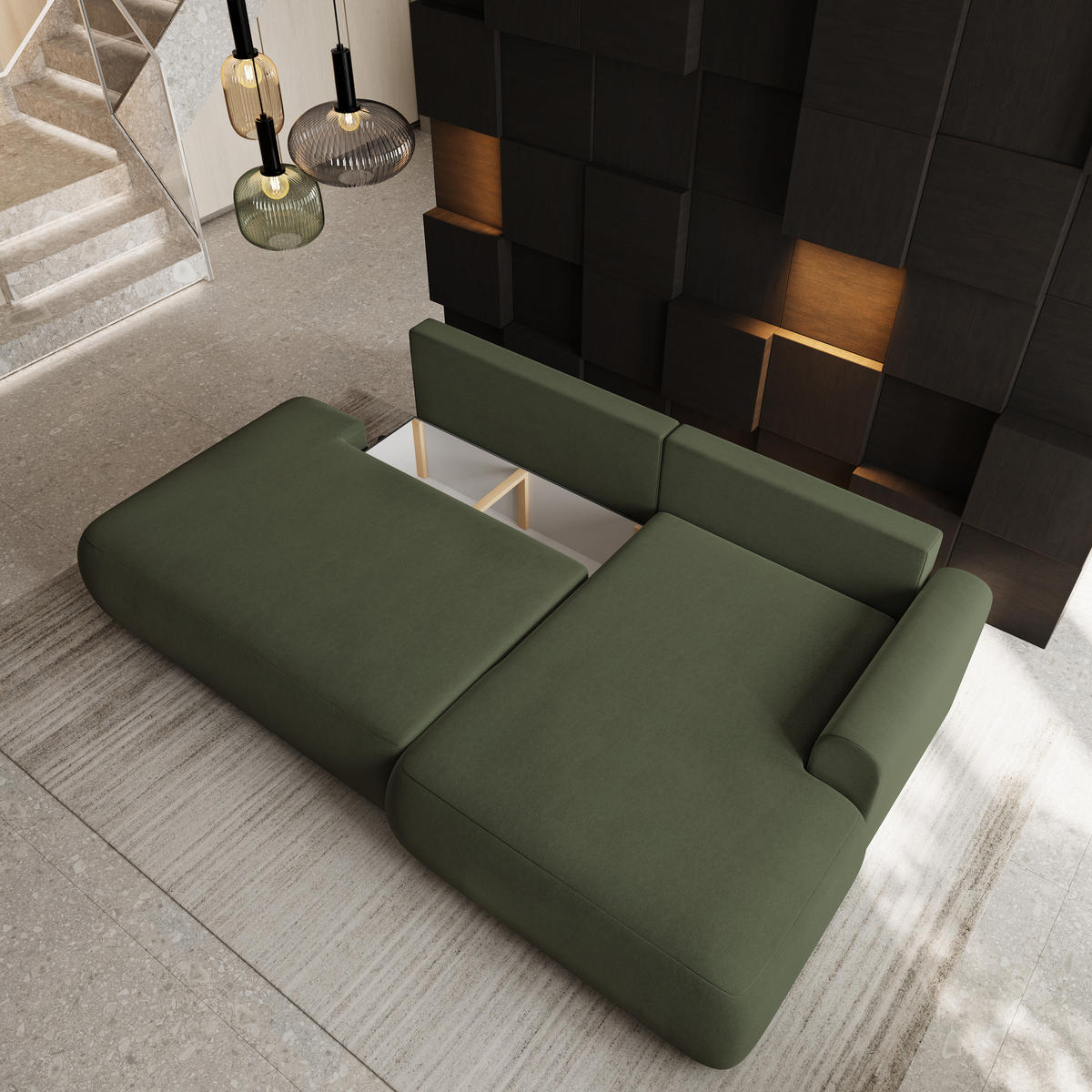 ECKSOFA NUVIRA CL R-S Olivgrün Samtstoff mit Schlaffunktion - Olivgrün, Holzwerkstoff/Textil (279/158cm) - MASSENO