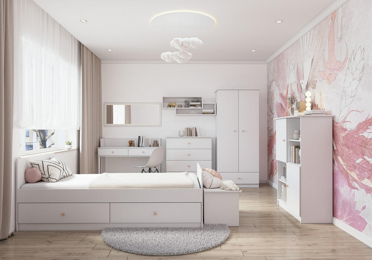 JUGENDZIMMER Livani in Weiß 6-teiliges Kinderzimmer Komplettset mit rosa Griffen - Weiß, Holzwerkstoff (80/200/120cm)