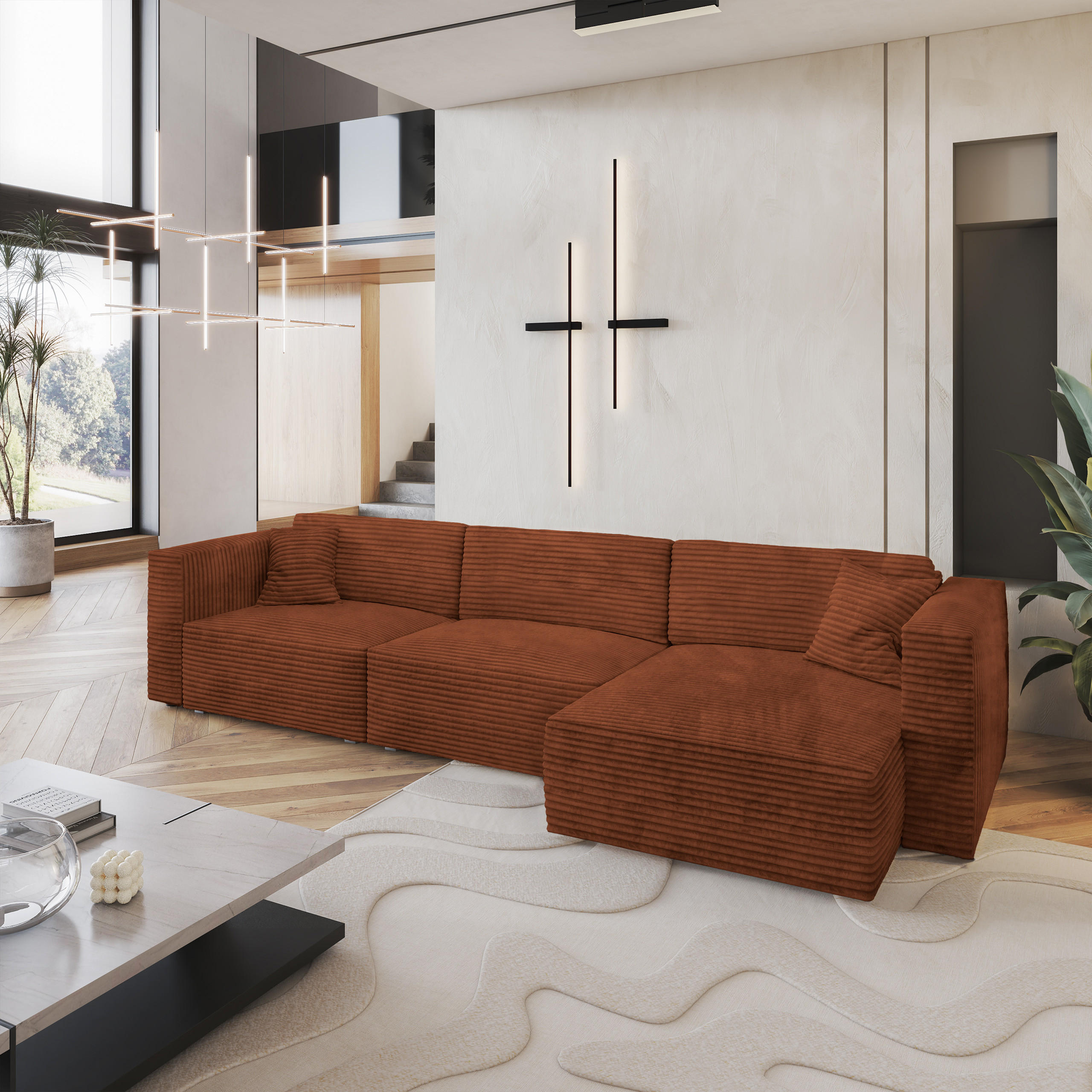 ECKSOFA TOLMO Braun Kordstoff mit Schlaffunktion - Braun, Holz (347/148cm) - MASSENO