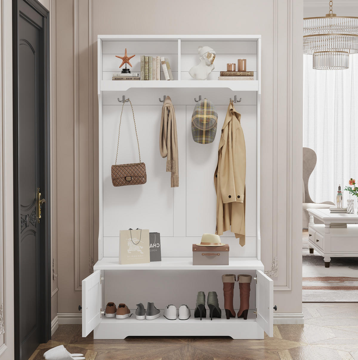 GARDEROBE 101,5/183 cm Weiß aus Spanplatte mit Sitzbank - Weiß, Holzwerkstoff (101/183/47cm) - OKMYHOME