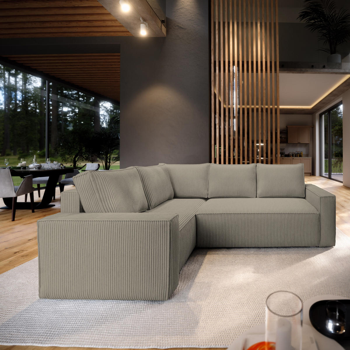 ECKSOFA ESTANO L-S Beige Kordstoff mit Schlaffunktion - Beige, Holz (230/158cm) - MASSENO