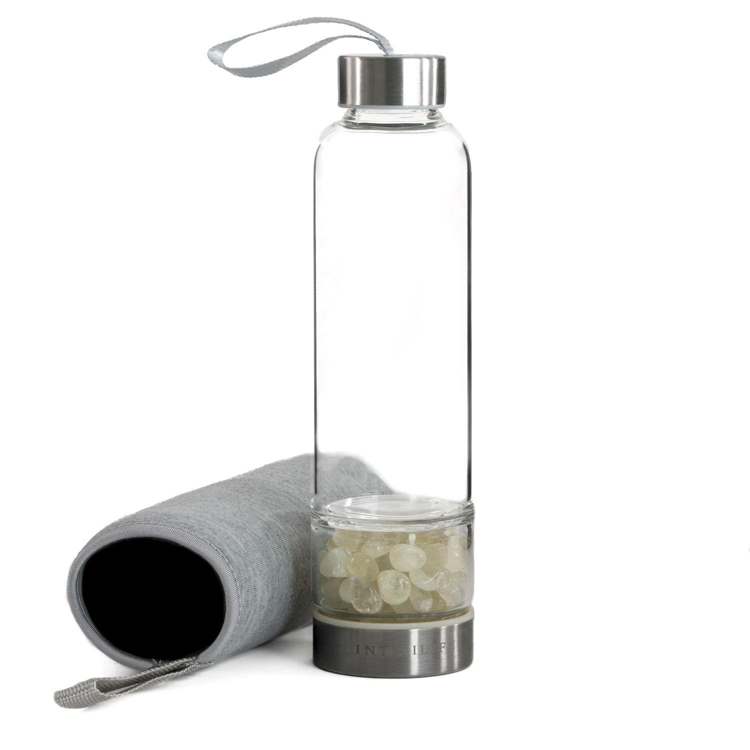 WASSERFLASCHE mit Heilsteinen und Tasche 400ml - Gelb, Glas (0.4L) - Intirilife