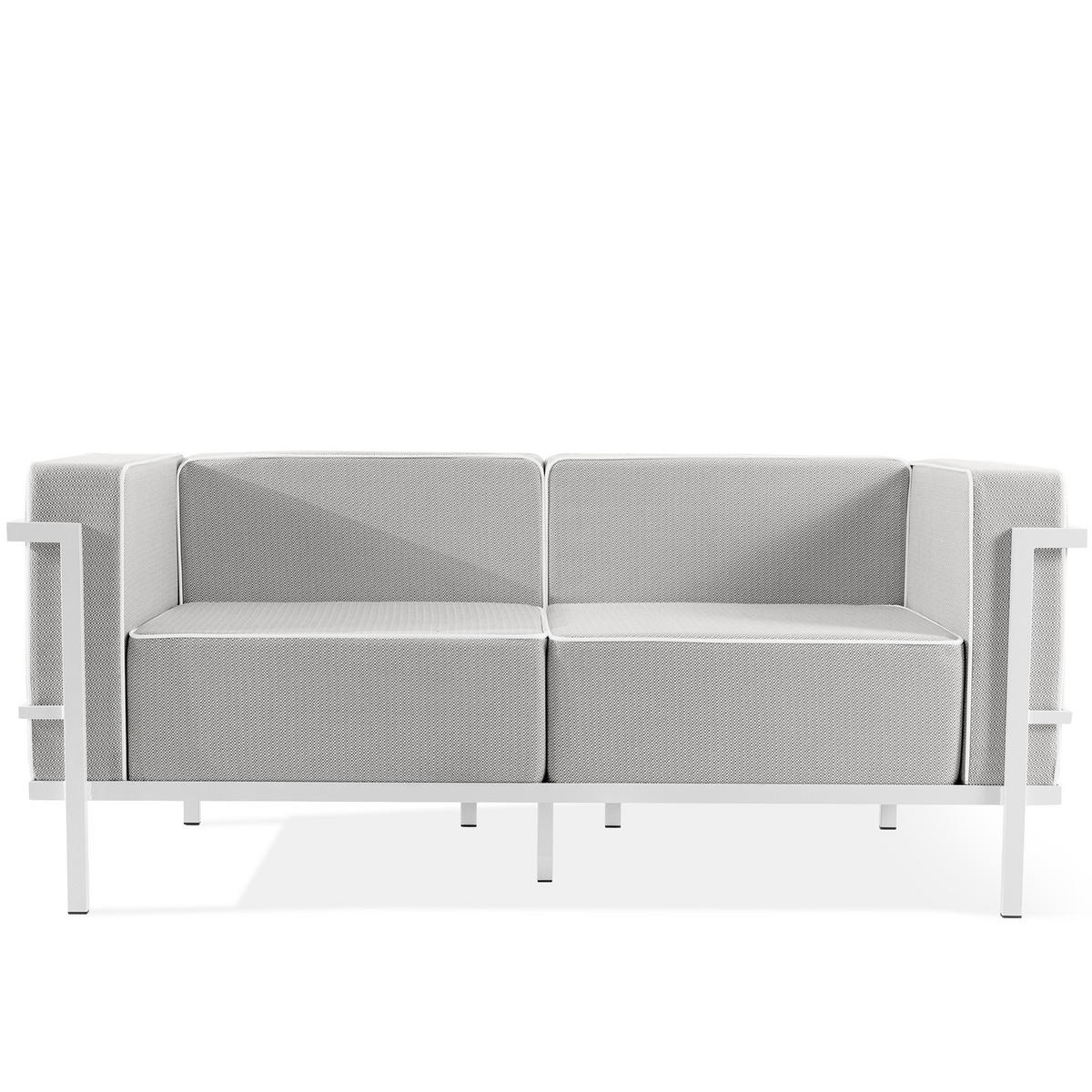 GARTENLOUNGE-SET TRIGLO 4-tlg., 1x Tisch, 2x Sessel, 1x Sofa 2-Sitzer, Modern, Weiß - Dunkelgrau/Weiß, Glas/Textil - KONSIMO®