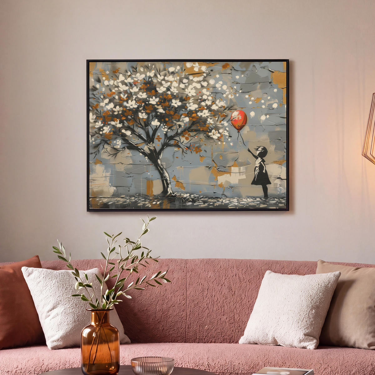 LEINWAND Bilder mit Rahmen - Baum - Graffiti - Banksy-Stil - Ballon-Mädchen - 80x60 - Blaugrau, Textil (80/60cm) - MuchoWow
