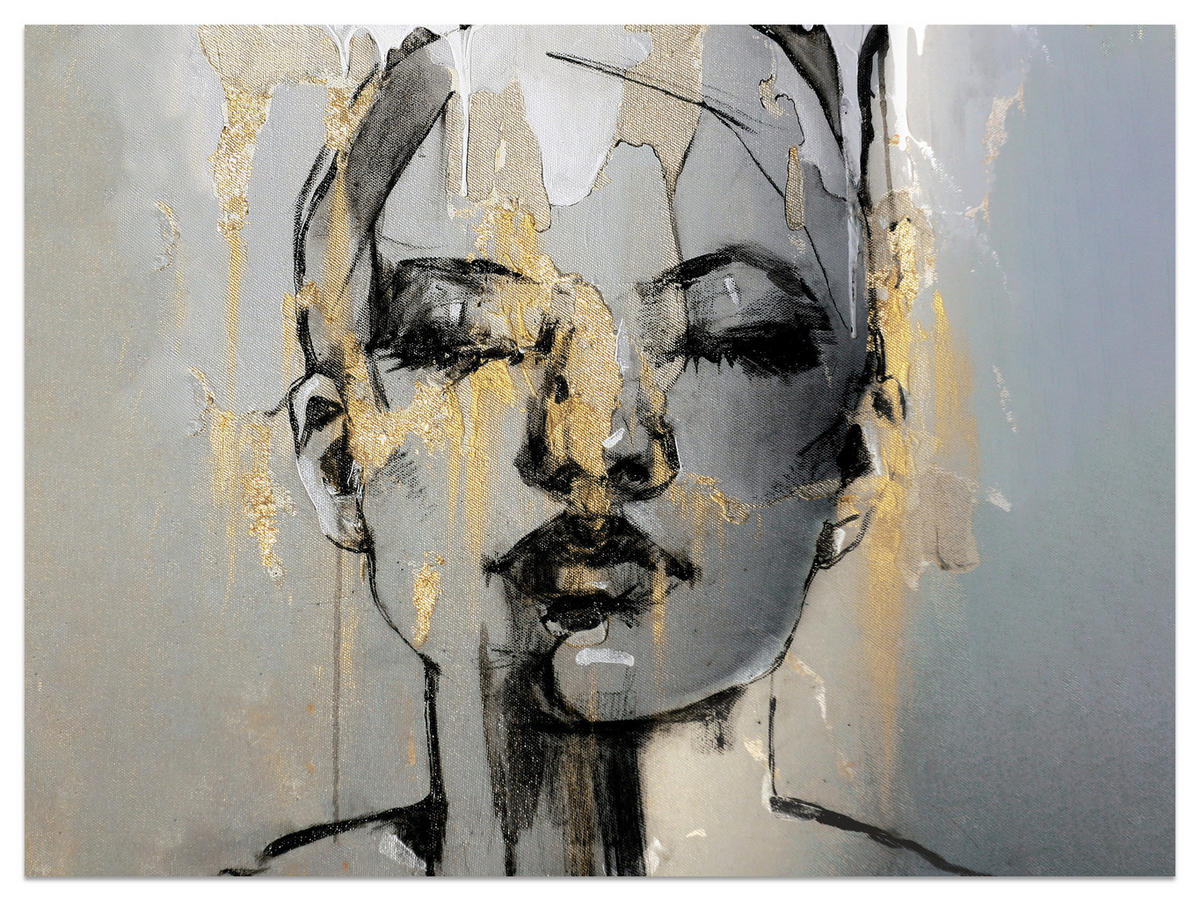 FOTOTAPETE für Wohnzimmer Frau Abstraktes Porträt Beton Modern Gold 200x140 - Gelb/Goldfarben, Papier (200/140cm) - Muralo