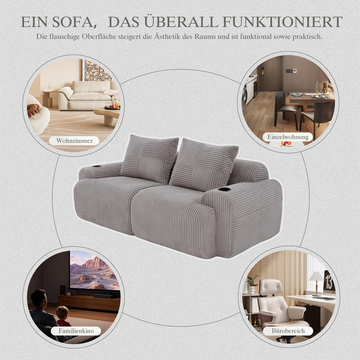 2-SITZER Sofa Cordstoff mit Getränkehalter und Seitentasche 200/99/80 cm Hellgrau - Hellgrau, Textil (99/80/200cm) - Redom