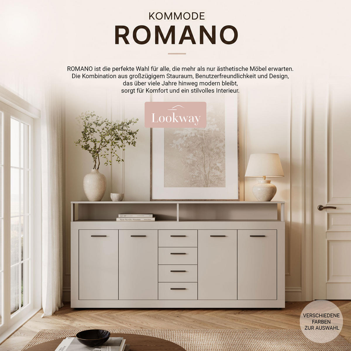 KOMMODE ROMANO mit Schubladen - Kaschmir, Holzwerkstoff (190/96/32cm) - Lookway
