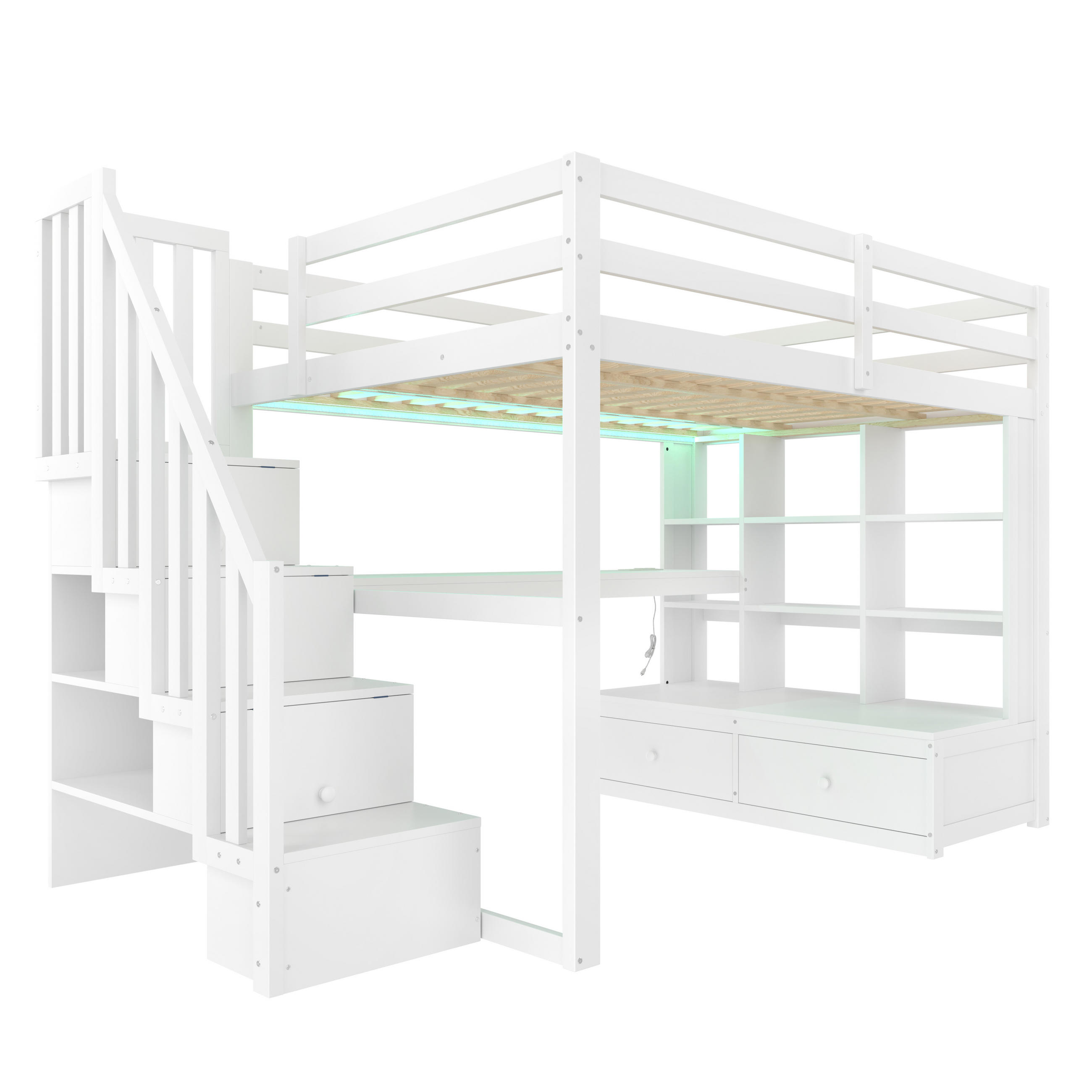 HOCHBETT 140/200 cm DE-03341, mit Schreibtisch, Regalen, 2 Schubladen und LED, in Weiß - Weiß, Holz/Holzwerkstoff (140/200cm) - ComfortXL