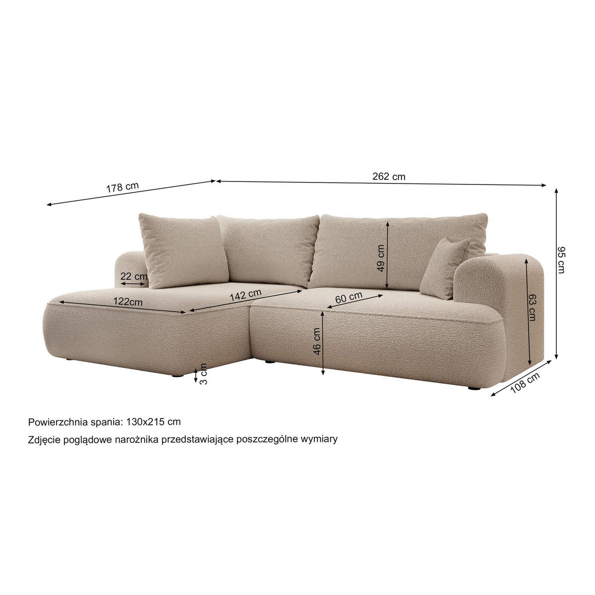 ECKSOFA Ovo Creme Bouclé - Creme/Schwarz, Kunststoff/Textil (165/260cm) - Selsey