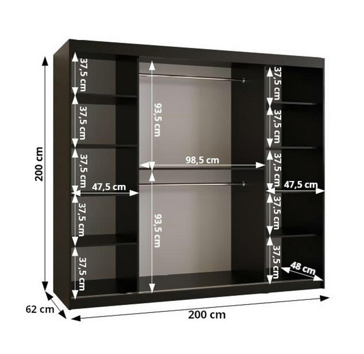 SCHWEBETÜRENSCHRANK 200/200/62 2-türig - Schwarz, Holz/Kunststoff (200/200/62cm) - Abiks Möbel