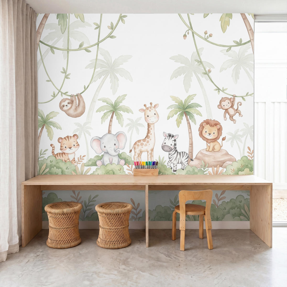 KINDERTAPETE - Tiere - Dschungel - Pastell - 240x240 cm - Weiß, Papier (240/240cm) - OnlyWow