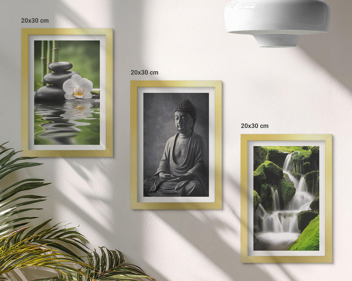 WANDBILDER 3er Set - 20x30 cm Goldrahmen - Entspannende Zen-Wassermalerei - Goldfarben, Kunststoff (20/30cm) - ArtPrintCave