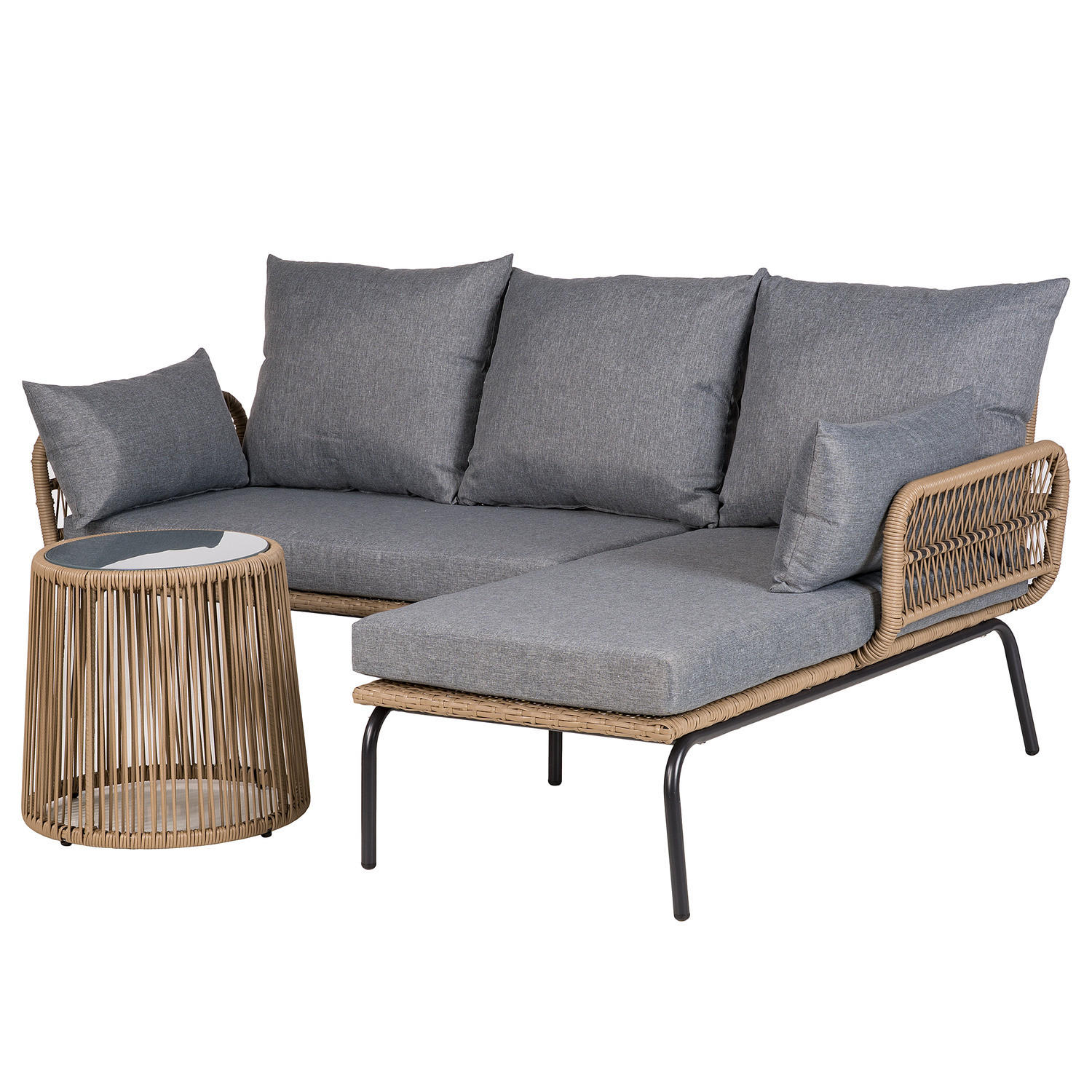 LOUNGESET - Polyrattan / Polyester - Beige / Grau - 3-teilig - Schwarz/Grau, Glas/Kunststoff - home24