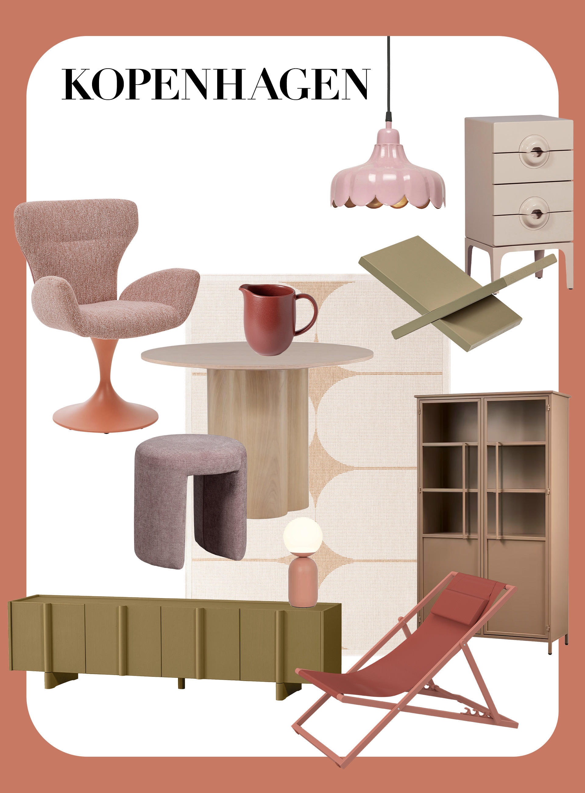 Kopenhagen Möbel und Leuchten: rosa Sessel, rosa Hängelampe, cremefarbener Tisch, rote Kanne, grüner Liegestuhl, grauer Hocker, beige Kommode, braunes Regal, grüne Lowboard, roter Klappstuhl