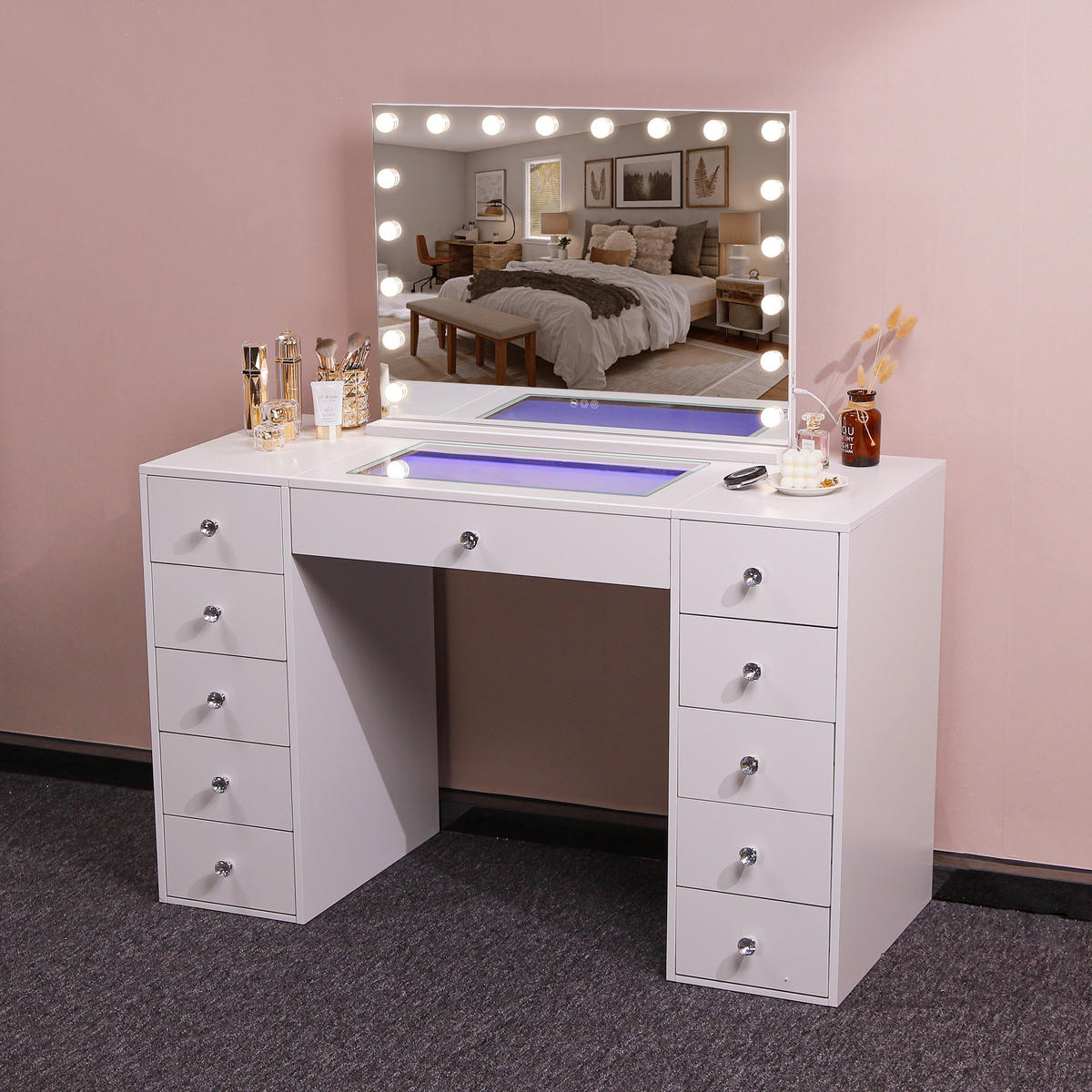 SCHMINKTISCH mit 11 Schubladen 130/55/81 CM und LED Beleuchtung Schminkspiegel 80 x 58 CM - Weiß, Holzwerkstoff/Metall (130/81/55cm) - VANITII