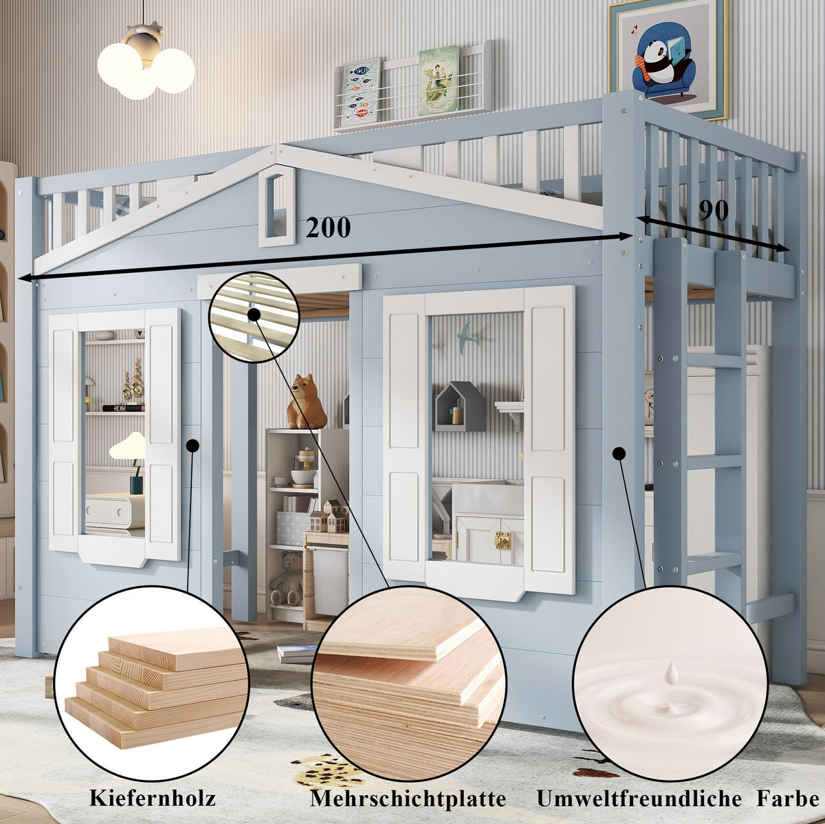 HOCHBETT 90/200 cm in Weiß und Blau mit flexibler Treppe und Fenstergestaltung - Blau, Holzwerkstoff (90/200cm) - Flora Grace