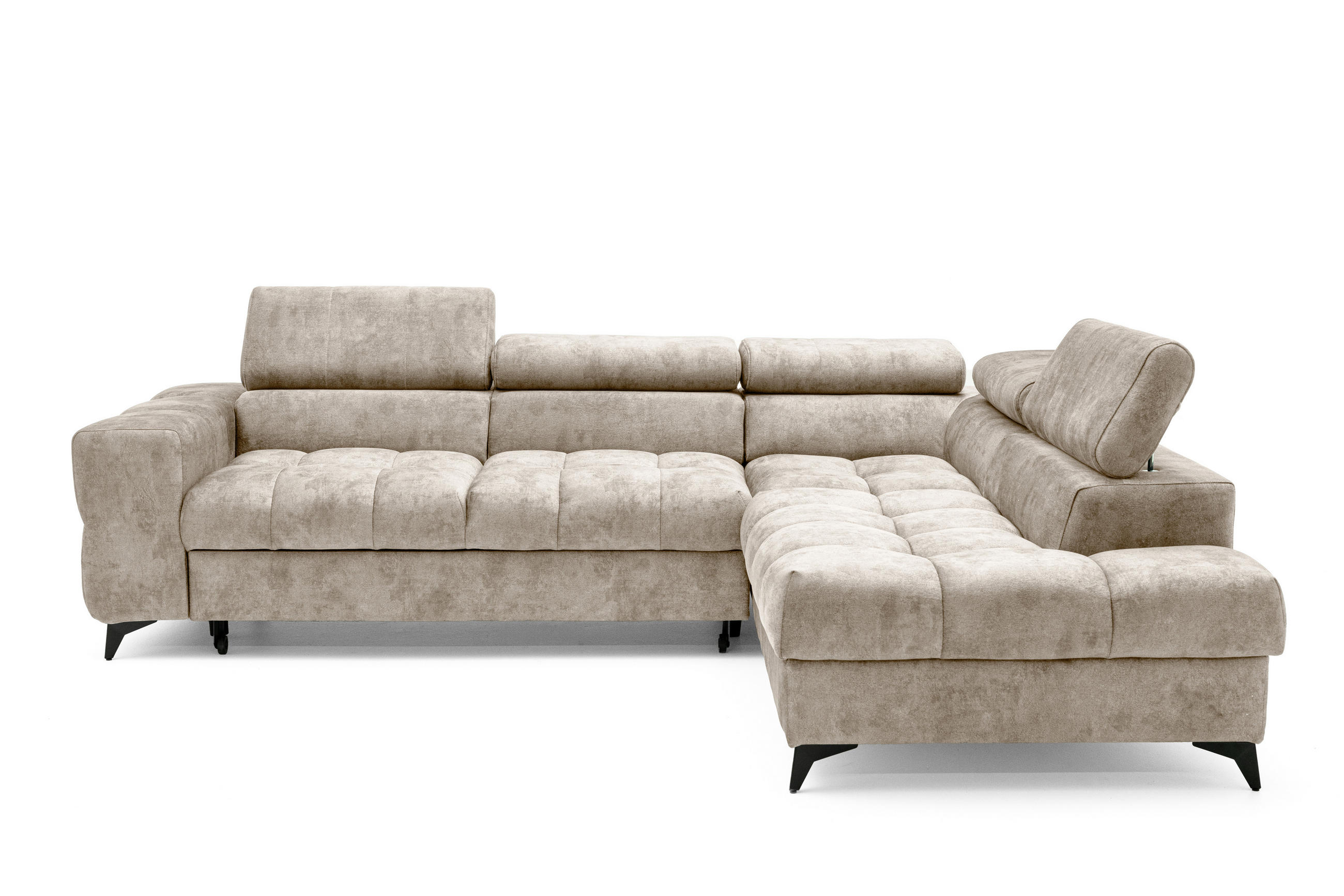 ECKSOFA PUDDING L Rechts mit Schlaffunktion 128x197 Velours Beige - Beige/Schwarz, Holz/Textil (204/270cm) - Muffo