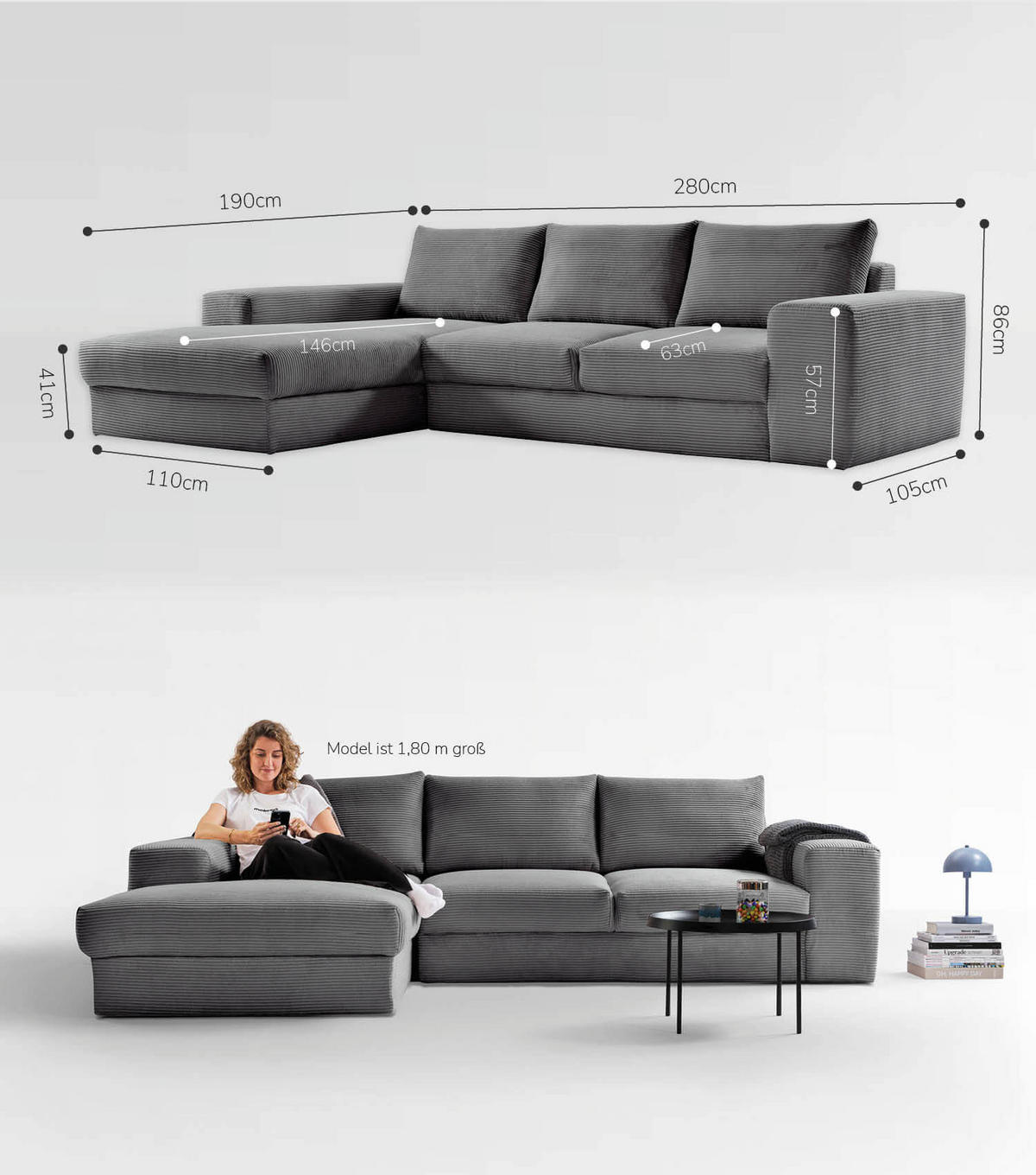 ECKSOFA Der Klassiker Recamiere links - Anthrazit, Textil (280/190cm) - Mokebo