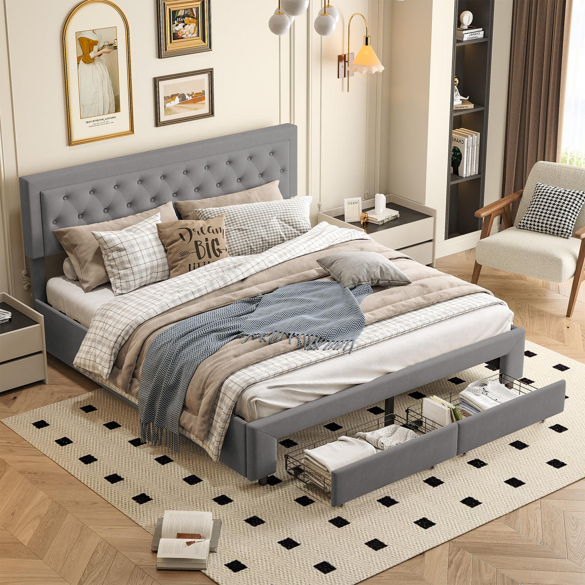 POLSTERBETT 180/200 cm grau Samt Stauraum Knopfheftung modern - Grau, Holz