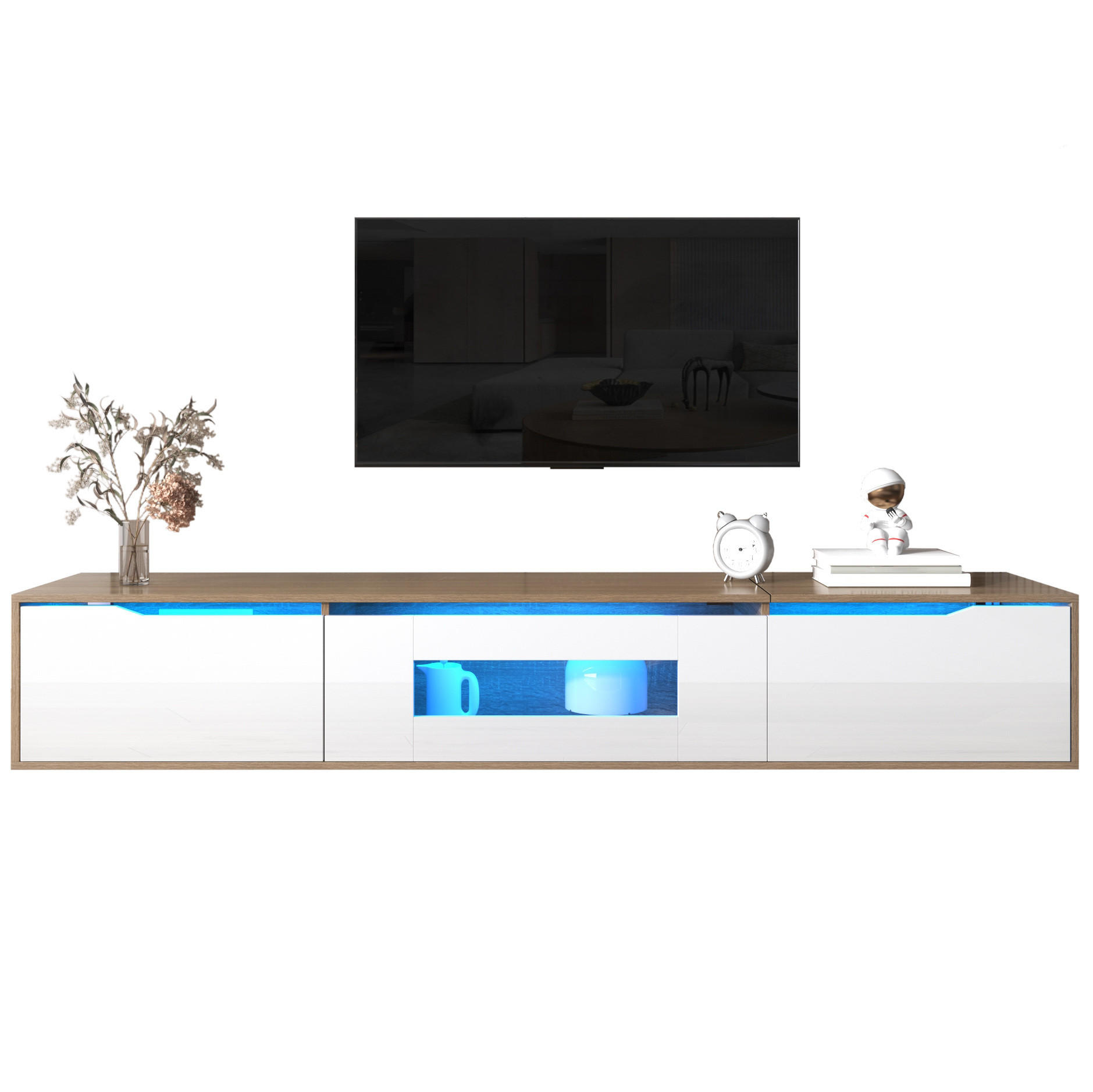 LOWBOARD 180/35/30 cm Weiß/Holzfarbe aus Spanplatte mit LED-Beleuchtung - Weiß, Holzwerkstoff (35/30/180cm) - OKMYHOME