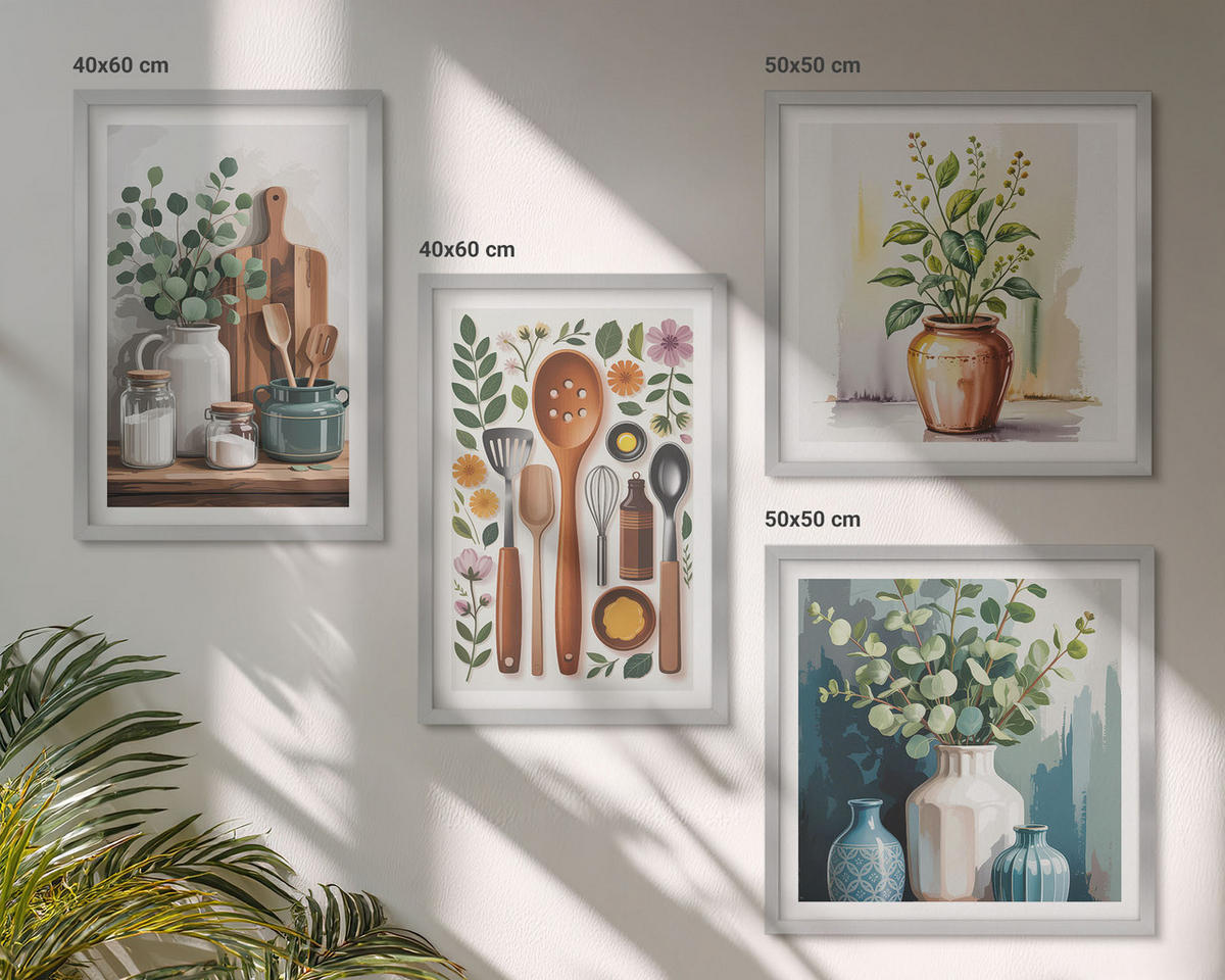 BILDER SET 4er Set - 50x50 cm & 40x60 cm Silberner Rahmen - Küchenaccessoires auf pflanzlicher Basis - Silberfarben, Kunststoff (50/50cm) - TULUP