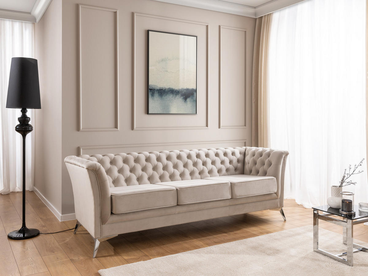 CHESTERFIELD-SOFA 3-sitzer Whitby Beige Samt mit silbernen Füßen - Beige/Silberfarben, Holz/Textil (237/78/82cm) - S-Style Möbel
