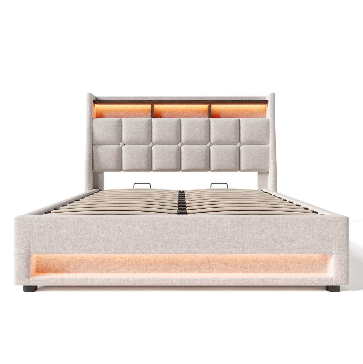 POLSTERBETT aus Leinenmaterial 140x200 cm Beige mit LED-Beleuchtung, USB-Anschluss und Bettkasten - Beige, Textil (140/200cm) - IVMEU