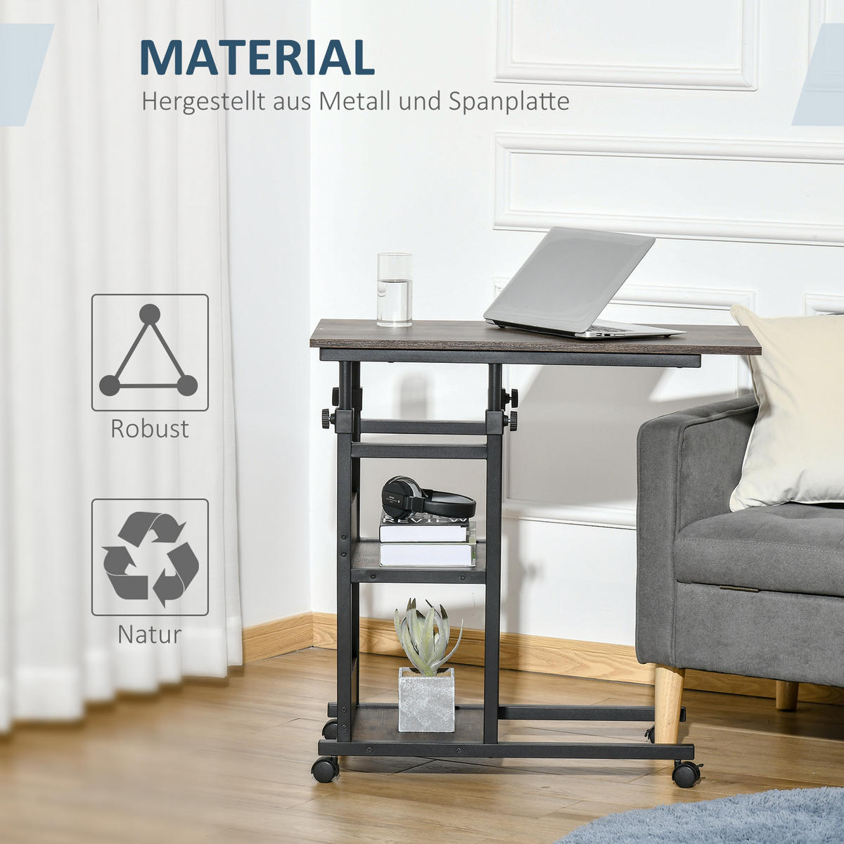 SIDOBORD Soffbord med hjul, justerbar höjd, 2 nedre hyllor, matsal - Brun, Plast (80/40/82cm) - HOMCOM