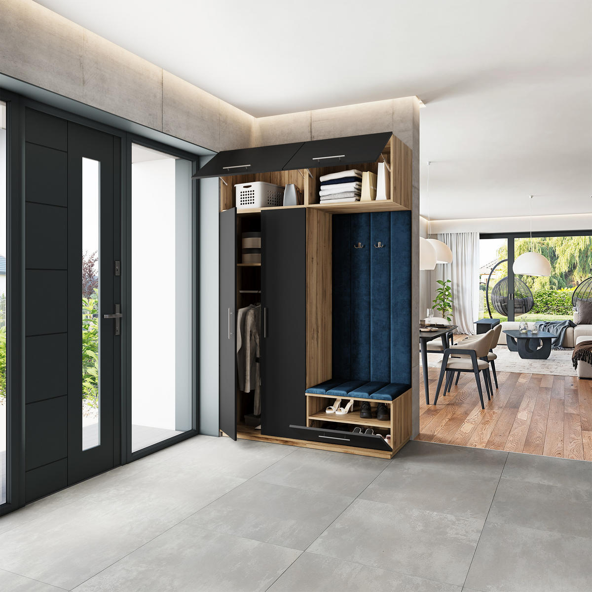 GARDEROBENSCHRANK REMA 150/240/60 cm Modern Garderobe-Set Eiche Wotan - Blau/Eiche Wotan, Holzwerkstoff (150/240/60cm) - MASSENO