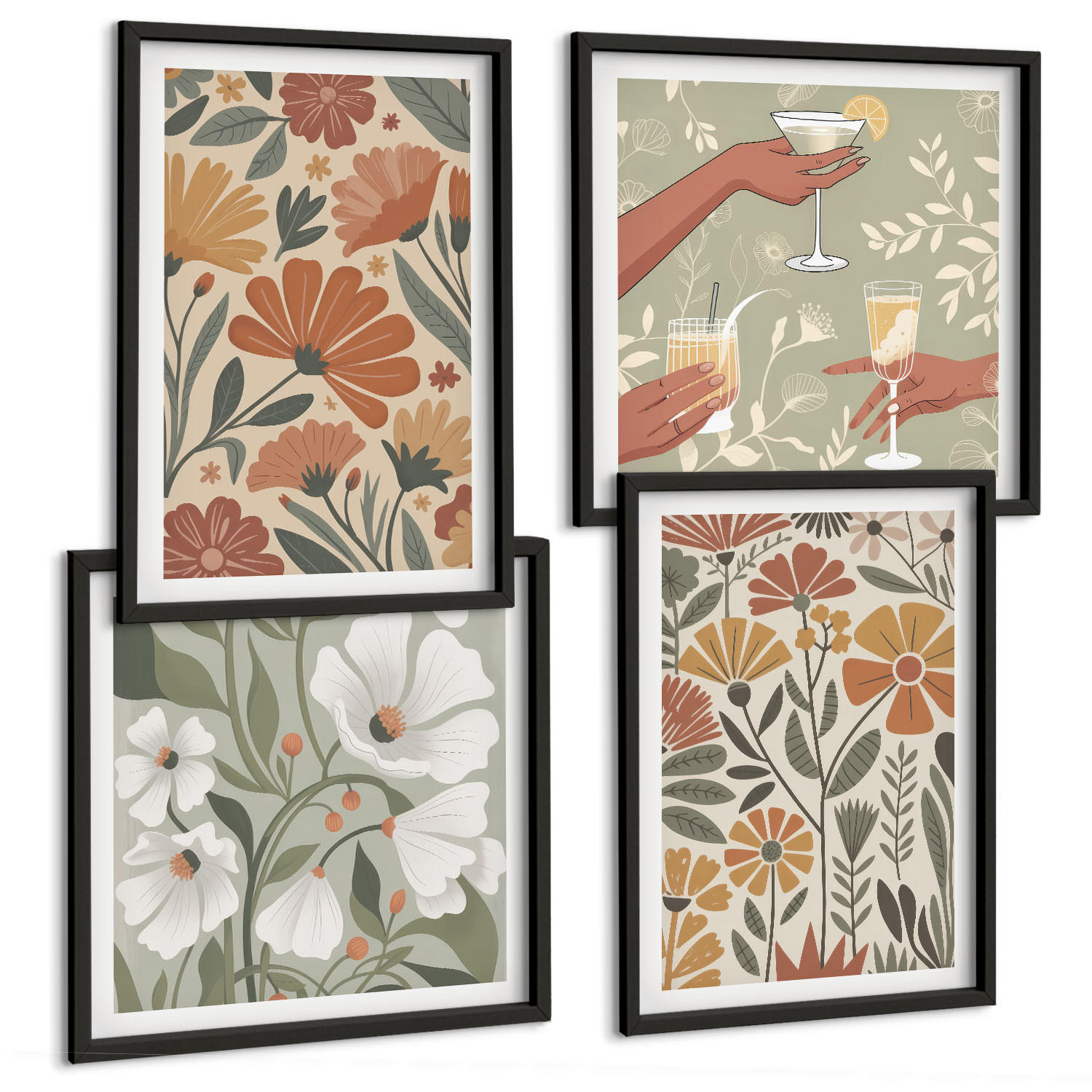 BILDER SET 4er Set - 50x50 cm & 40x60 cm Schwarzer Rahmen - Blumenmuster in Orange und Grün - Schwarz, Kunststoff (50/50cm) - TULUP