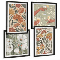 BILDER SET 4er Set - 50x50 cm & 40x60 cm Schwarzer Rahmen - Blumenmuster in Orange und Grün - Schwarz, Kunststoff (50/50cm) - TULUP