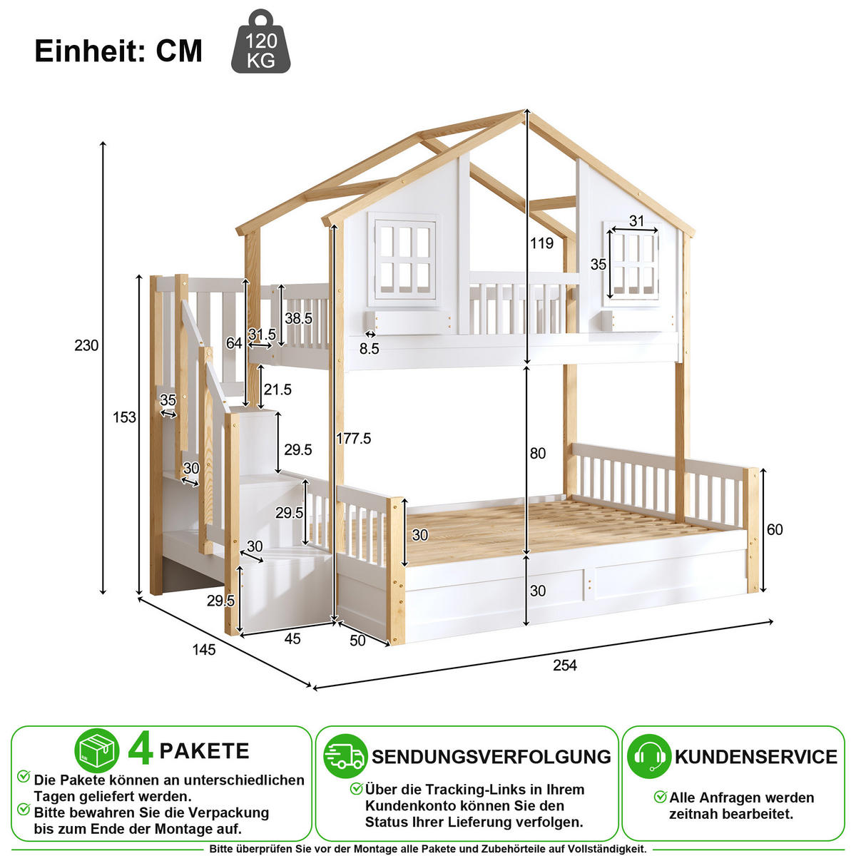 ETAGENBETT 90/200 cm & 140/200 cm in Weiß & Natur mit LED und Stauraumtreppe - Weiß/Naturfarben, Holz/Holzwerkstoff (90/200cm) - CHICFURN