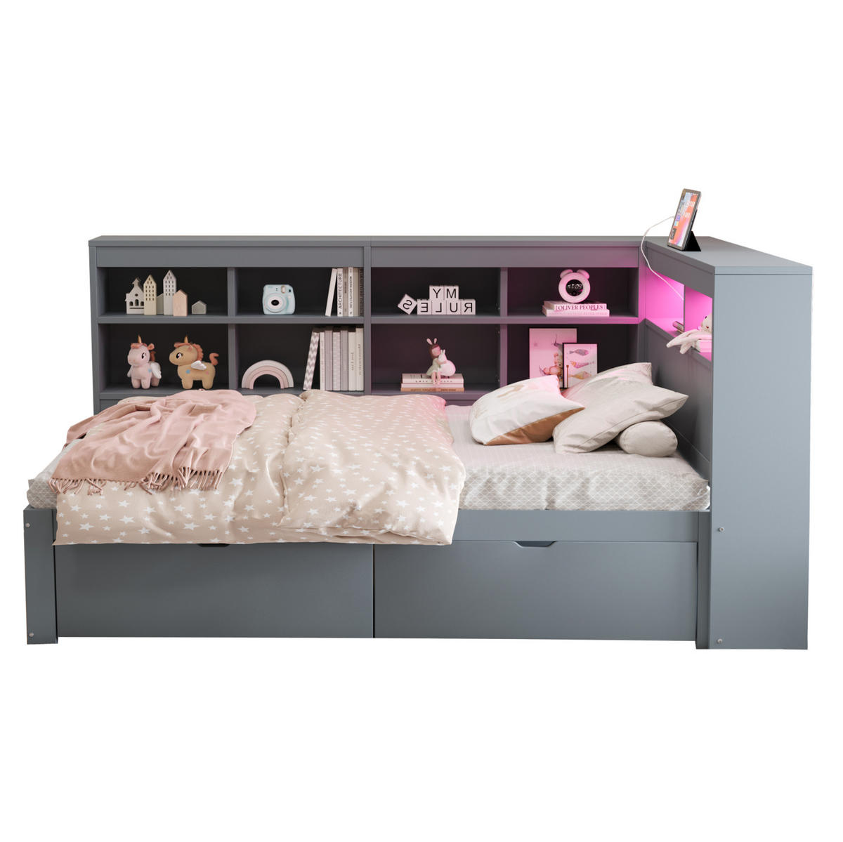 DRVENI krevet od borovine 90x200 cm sivi s USB priključkom, LED rasvjetom i spremištem - siva, drvni materijal (90/200cm) - Modfu