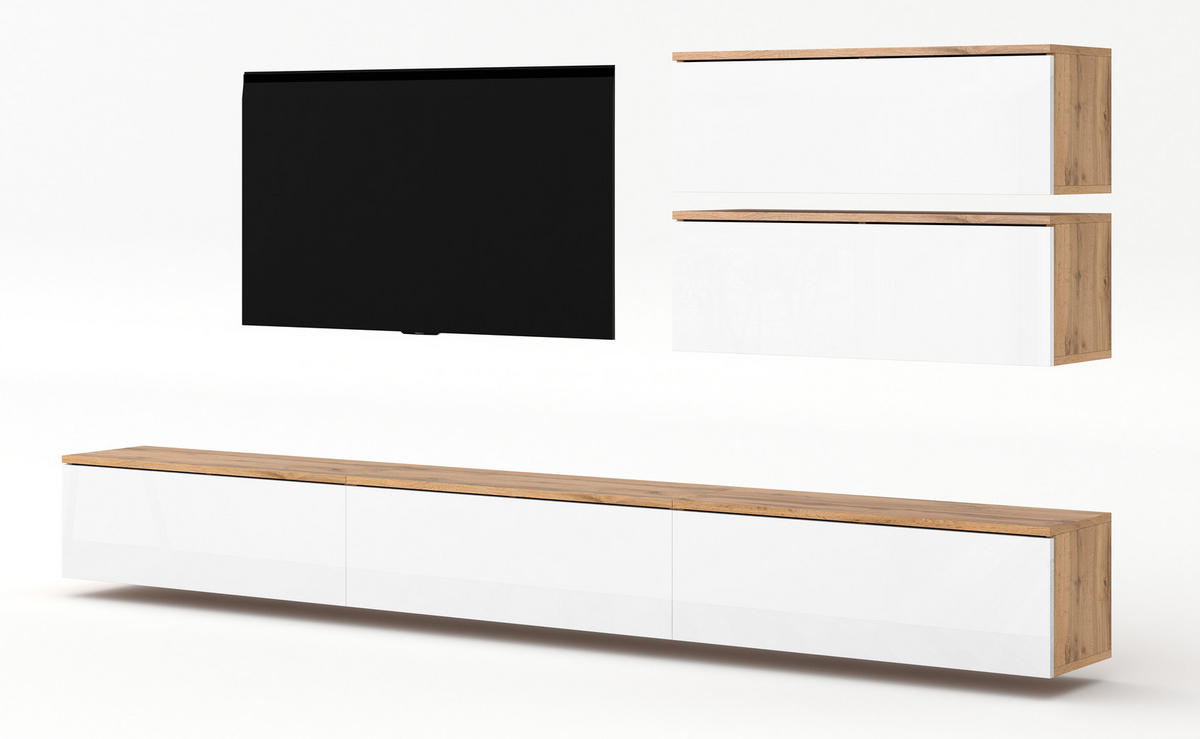 WOHNWAND Loriano V Eiche, Wotan, Weiß Hochglanz 300/102/32 cm Anbauwand - Braun/Weiß, Holzwerkstoff/Kunststoff (300/102/32cm) - AX Living