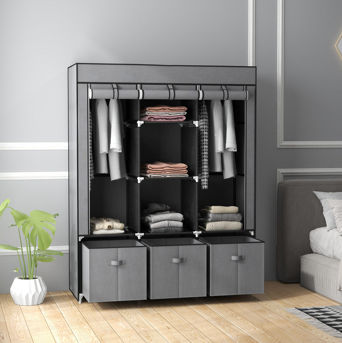 KLEIDERSCHRANK aus Stahl 125x43x162,5 cm Dunkelgrau mit Reißverschluss, 2 Kleiderstangen und 3 Stoffschubladen - Dunkelgrau, Metall (125/162.5/43cm) - Modfu