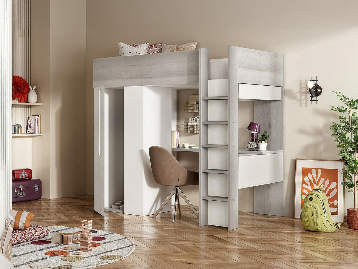 HOCHBETT mit Schreibtisch & Kleiderschrank - 90 x 200 cm - Holzfarben Grau & Weiß - NICOLAS - Hellgrau, Holz (110/205.2cm) - Vente-Unique