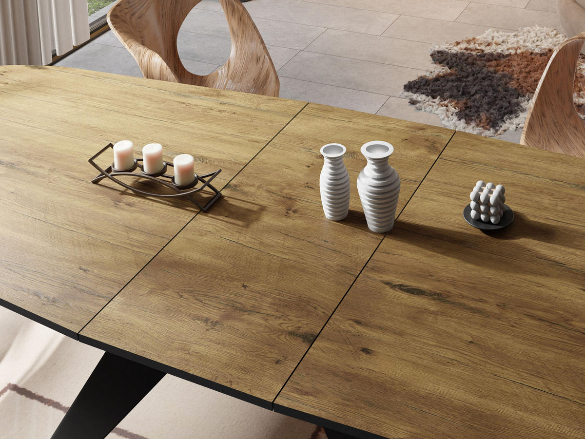 ESSTISCH Foster rechteckig ausziehbar, Lancelot Eiche 160-198/80/76 cm - Eichefarben/Schwarz, Holzwerkstoff/Metall (160/80/76cm) - WFL GROUP