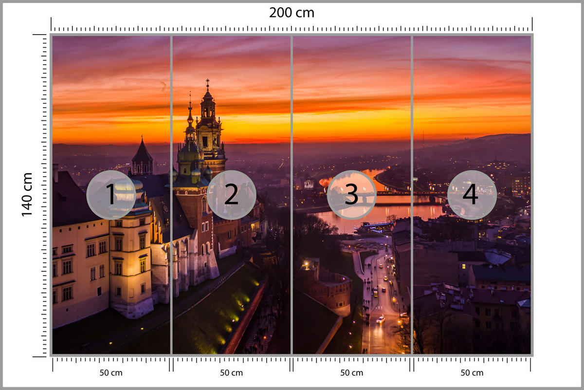 FOTOTAPETE für Wohnzimmer Sonnenuntergang Wawelburg Architektur Stadt 200x140 - Orange, Papier (200/140cm) - Muralo