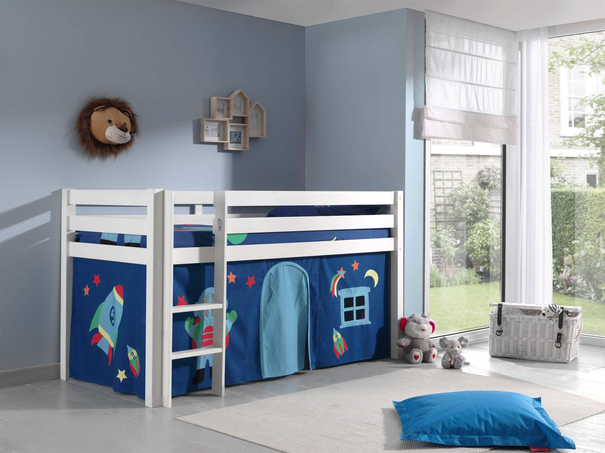 KINDERBETT Karolina 210x114x106 Massivholz Weiß Textilset Astro 1 - Blau/Weiß, Holz (90/200cm) - 58aufmkessel