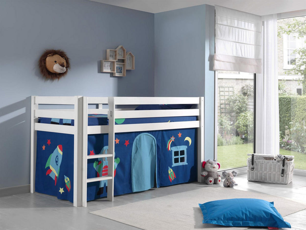 KINDERBETT Karolina 210x114x106 Massivholz Weiß Textilset Astro 1 - Blau/Weiß, Holz (90/200cm) - 58aufmkessel