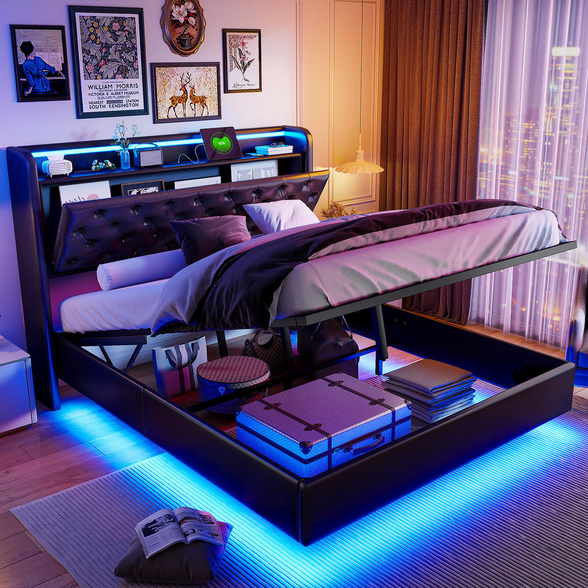 POLSTERBETT 160x200 cm LED USB Stauraum Lattenrost PU Leder schwarz - Schwarz, Holz (160/200cm) - LEBENLANG