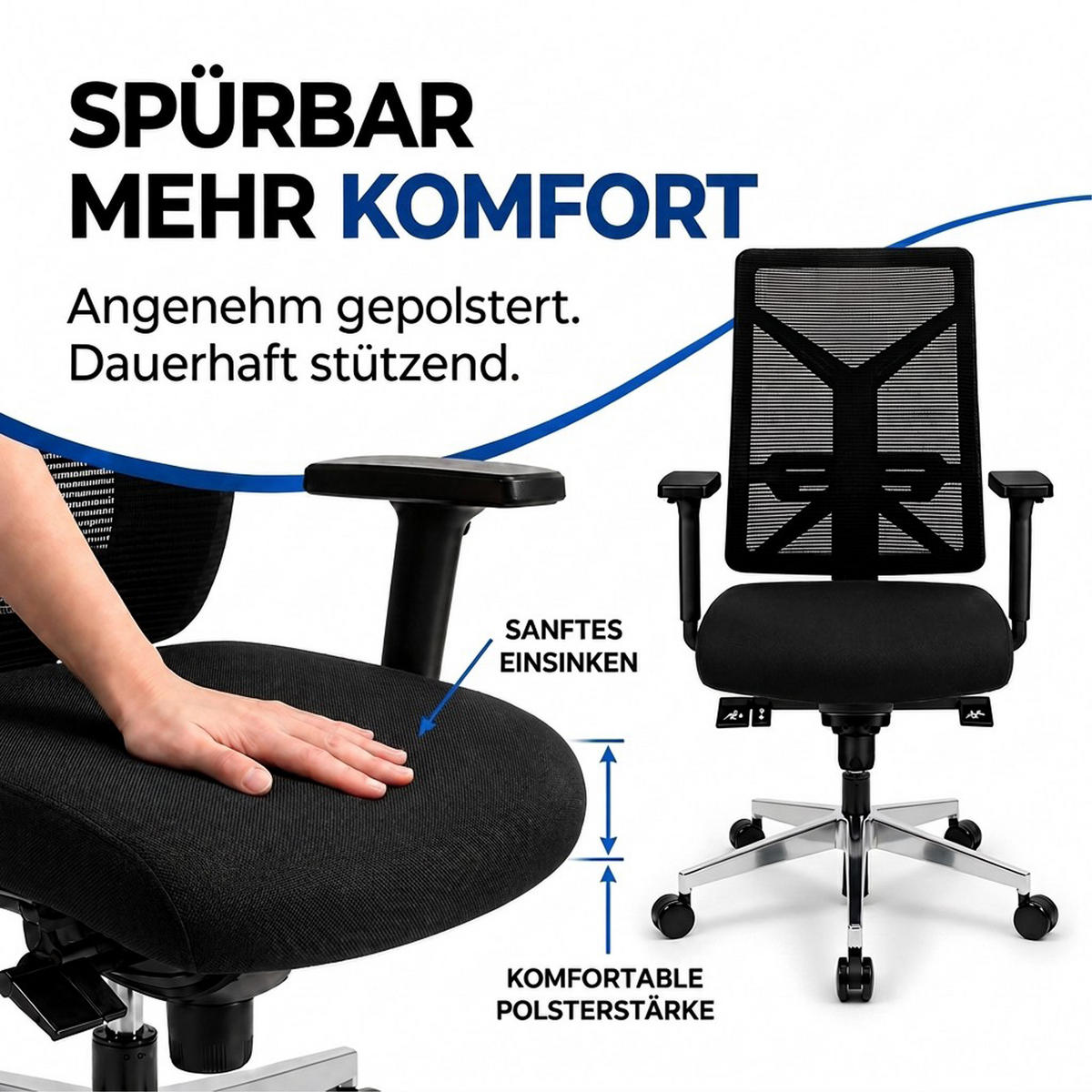 BÜROSTUHL V1801 Stoff/Mesh Schwarz - ergonomisch, 150 kg belastbar, Sitzhöhe 47-59cm - Schwarz, Kunststoff/Textil (65/105/65cm) - Versee