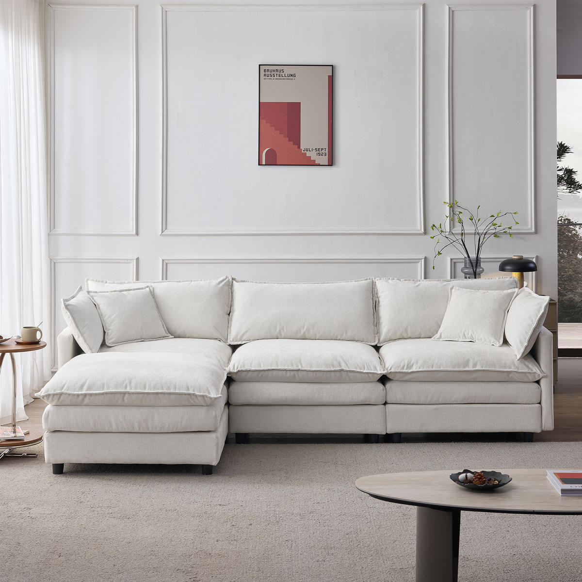 ECKSOFA Chenille Beige mit Hocker und Kissen - Beige, Holzwerkstoff/Kunststoff (267/154cm) - WISHDOR